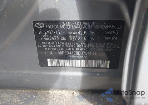 2013 Hyundai Sonata Gls z USA, uszkodzony, nr VIN 5NPEB4AC8DH791483